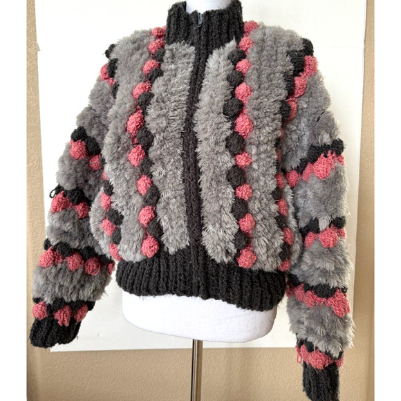 Vintage 70s Shaggy Crochet PomPom Zip Cardigan Sweater Jacket Stripe M Pink Gray - Picture 1 of 15